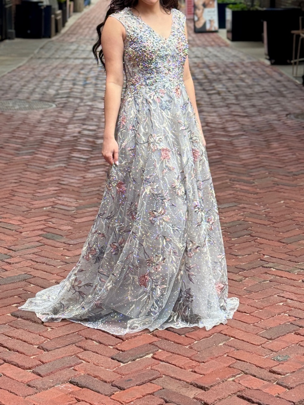 Mac Duggal Silver Floral Embellished V-Neck Gown embroidered illusion a-line